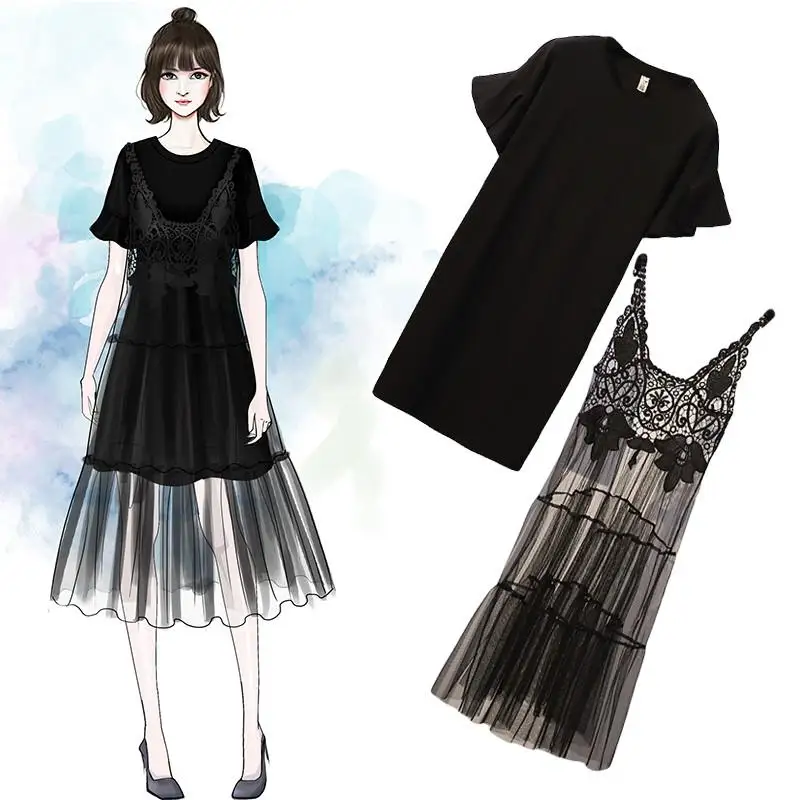 

Women Dress Sets 2019 New Fashion O-neck Long T-shirts + Lace Mesh Stitching Straps High Waist A-line Medium Long Dress Sets R04