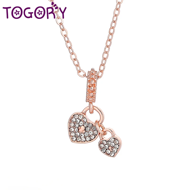 

TOGORY Rose Gold Color Heart To Heart Pendants Necklaces with Authentic Silver Plated Brand Necklaces For Women Couple Gift