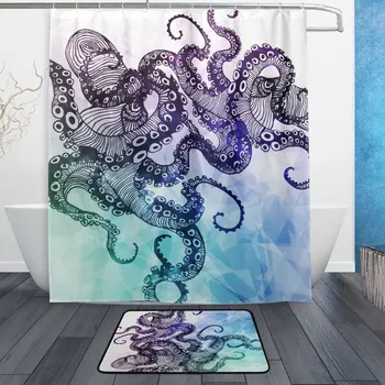 

Octopus Sea Monster Shower Curtain and Mat Set, Ocean Sea Animal Geometric Style Waterproof Fabric Bathroom Curtain