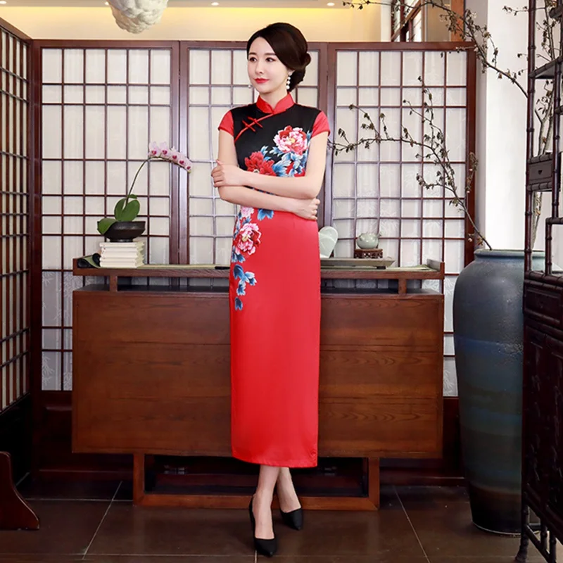 2019 Cheongsam Атлас печати Qipao платье Винтаж улучшилось осень Традиционный китайский длинные платья Мать Вечерние свадебное платье