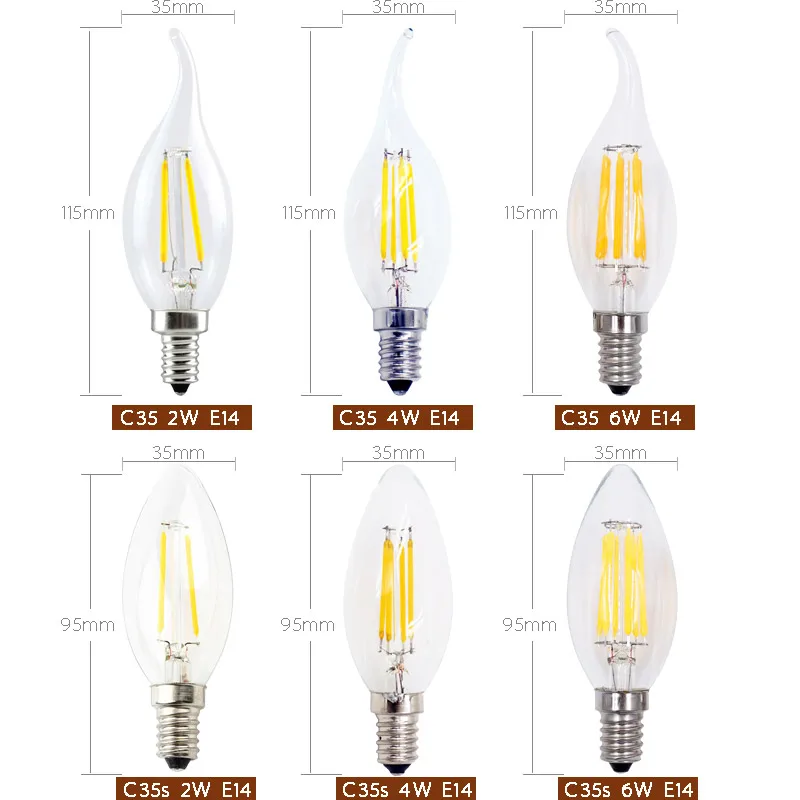 Светодиодный свечи E14 лампы 220 V 110 V 2 W 4 W 6 W C35 под старину Стиль свет лампы накаливания холодный белый теплый белый светодиодный лампы накаливания люстры