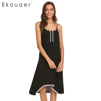 

Ekouaer Women Sleepwear Adjustable Spaghetti Strap Lace Trim Nightgown Nightwear Sleepshirt Home Clothing Nightdress Nighties
