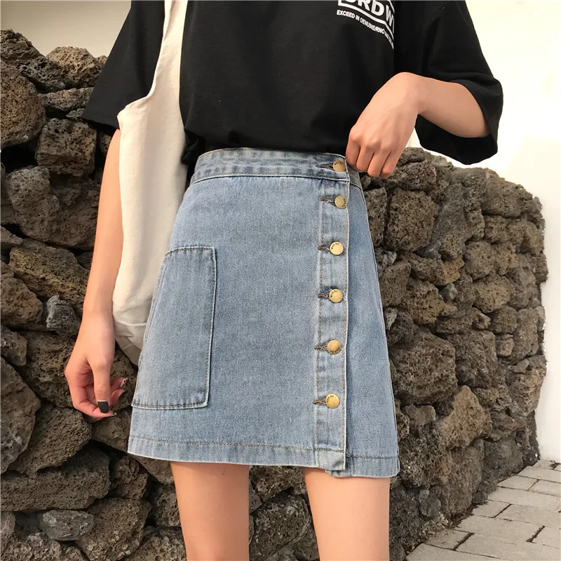 Casual High Waist Pencil Denim Skirts Women's Skirt High Street Single-breasted Female Jeans Skirt faldas mujer moda