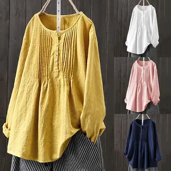 

New Casual Solid Color O-neck Button Up Long Sleeve Summer Loose Women Top Blouse