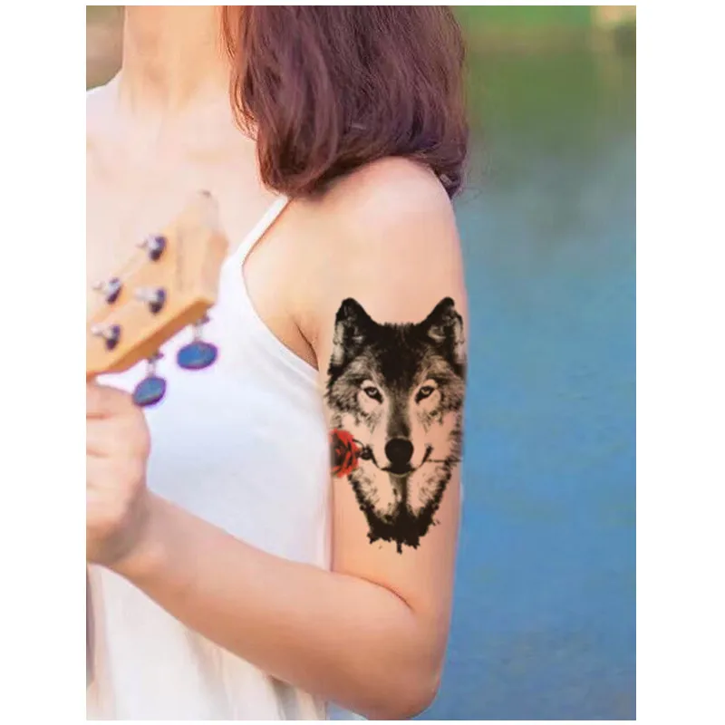 2PCS Temporary Tattoo Wolf Rose Tattoo Sticker Transferable Tattoo Waterproof Tattoo Body Art Sleeve