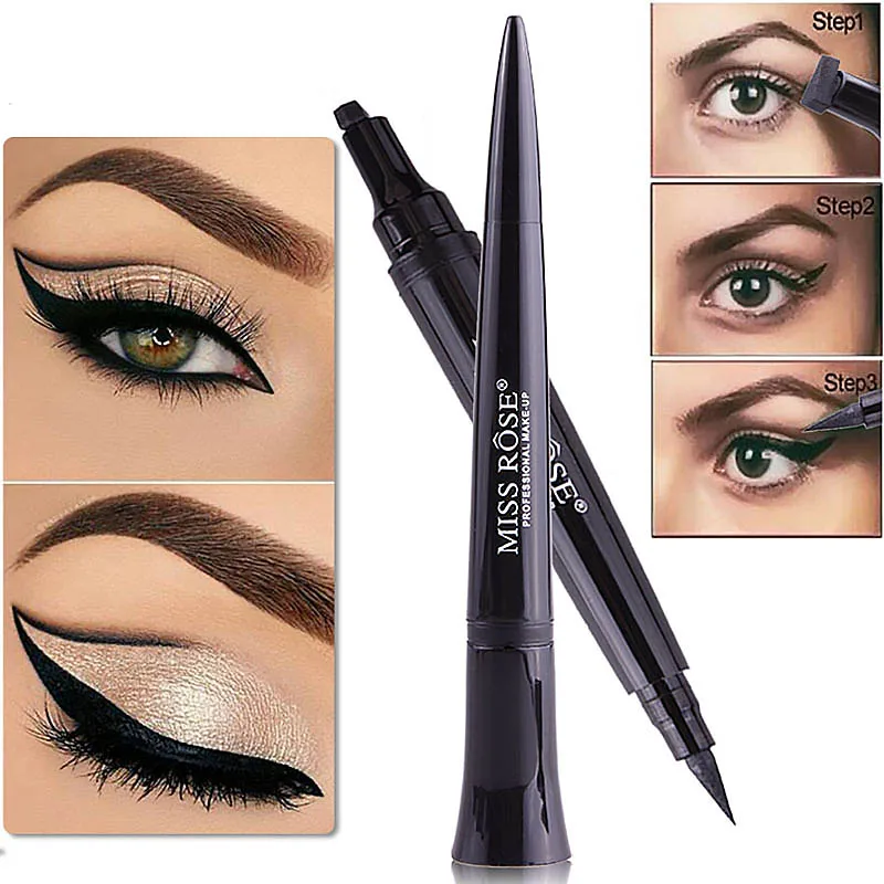 

2 in 1 Waterproof Black Eye Liner Pencil with Stamp Natural Liquid Eyeliner Pen Double-ended Makeup Tools Eyeliner Cosmetic