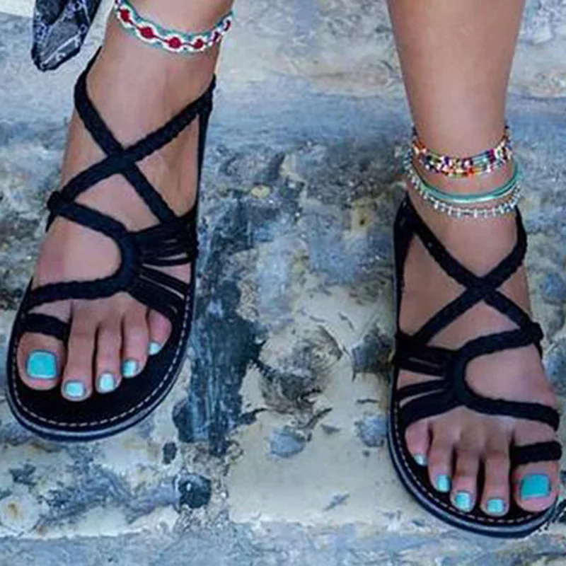 

HEFLASHOR Women Sandals Fashion Gladiator Sandals Summer Shoes Female Flat Sandals Rome Style Cross Tied Sandals Shoes 35-43 New