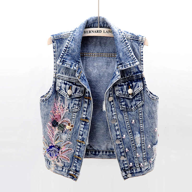 

2019 summer new Korean beading flower denim vest women turn down collar short sleeveless vest 1970