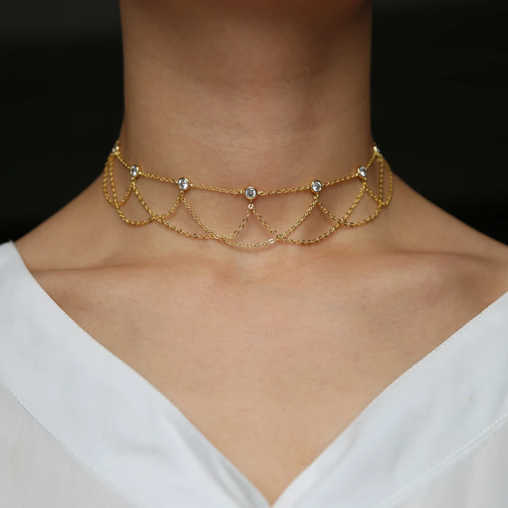

2018 new arrive AAA clear baguette cubic zirconia short chain 32+8cm choker chocker cz double chain necklaceS