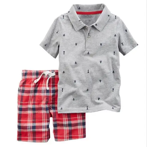 

Boy Spoting Short Sleeve Printed Turn-down Collar T-Shirt oCotton Plaid Shorts 2 Pieces Children Summer Style Set
