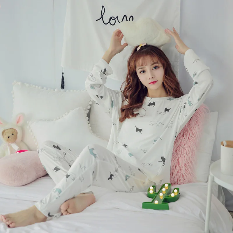 

Women's Two-piece Print Thick Cotton Long Sleeve Pajama Set 2018 Autumn Female Sleepwear Lady Cartoon Striped Casual Homewear