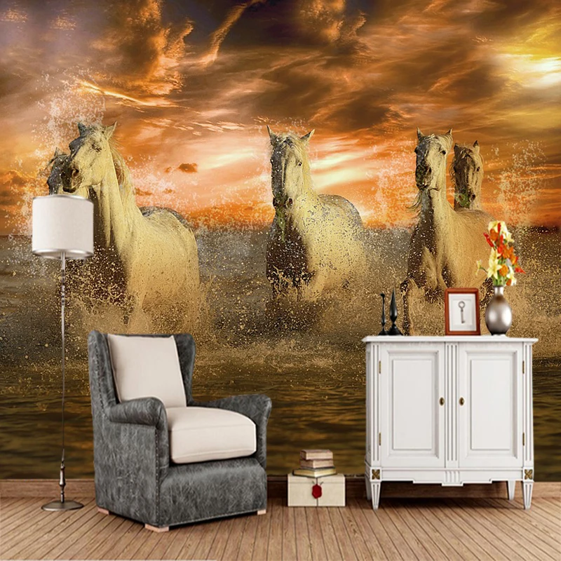 Пользовательские papel де parede 3d, закат пляж лошадь фрески для гостиной спальни диван фон декоративные обои