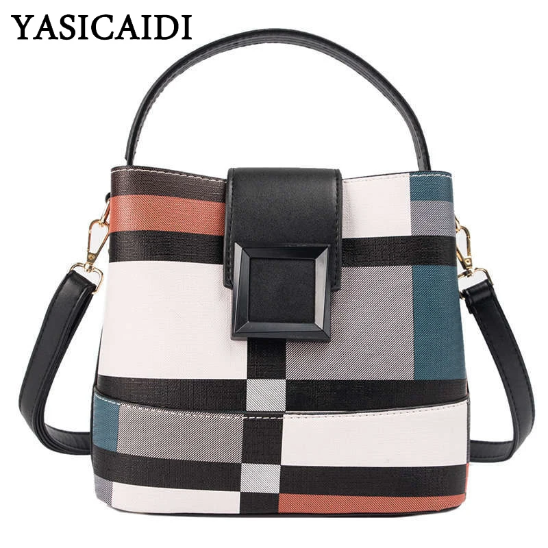

YASICAIDI Fashion PU Leather Shoulder Bag Plaid Pattern Zipper Handbags Lady Casual Tote Crossbody Bags For Women sac main femme