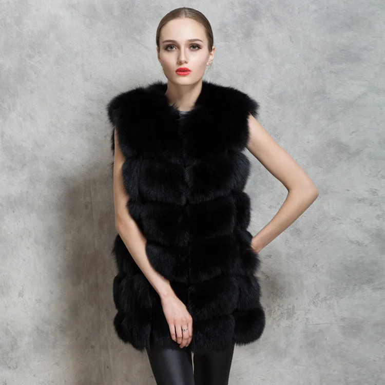 Nouveau Mince X Fourrure noir Renard longue Femmes 2018 Horizontale Blanc Cuir Pleine Bande De Survêtement Imitation Gilet d87qf