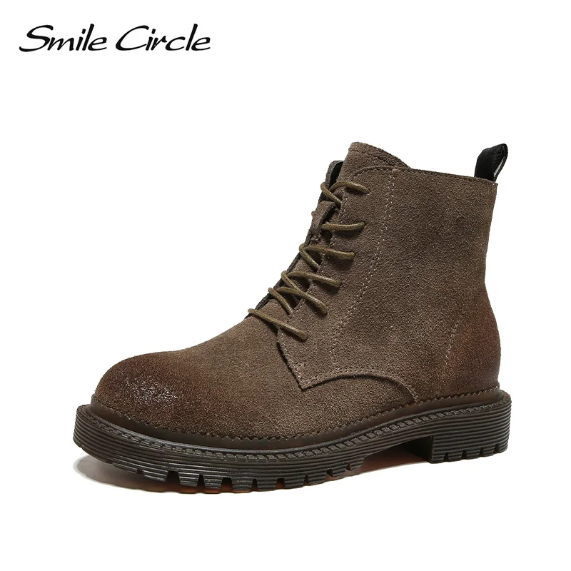 

Smile Circle ankle Boots Women Platform shoes Cow suede Fashion Lace-up Short boots Ladies Autumn