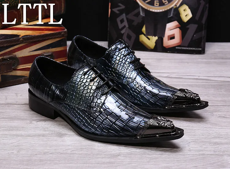 

New Top Quality Business Men Dress Shoes Slligator Leather Shoes Blue Pointed Toe High grade Mens Wedding Shoes Trade