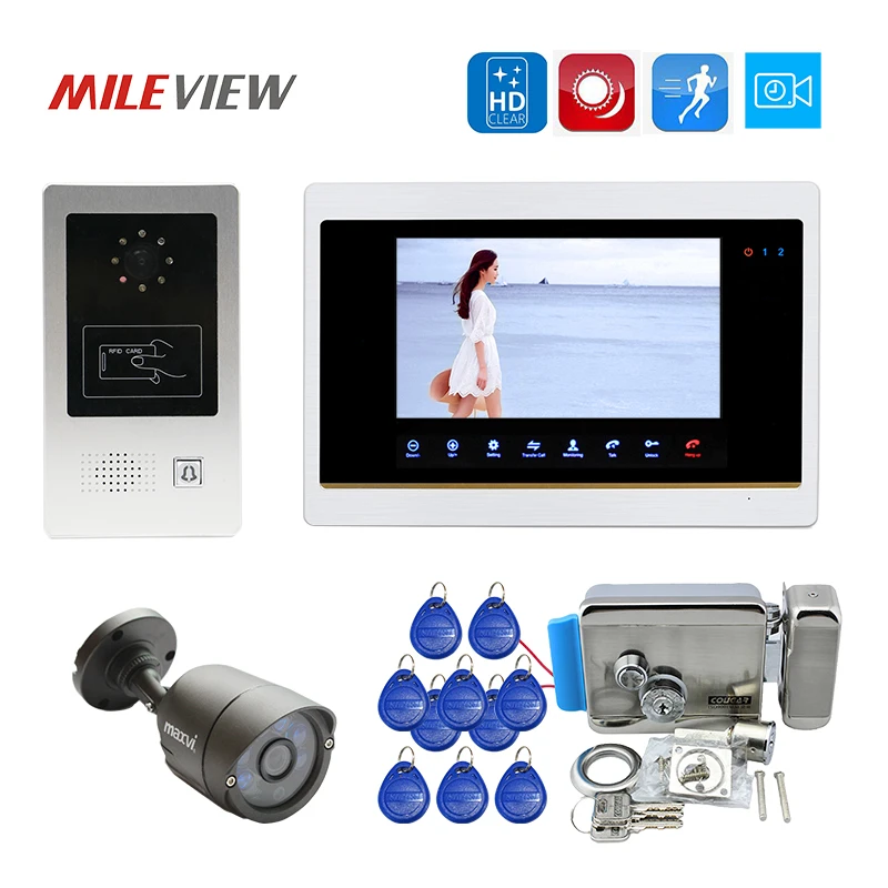 

Free Shipping 1200TVL 7" Video Door Phone Intercom Record Screen Kit RFID Doorbell Camera 3.0MP Security Camera Electric Lock