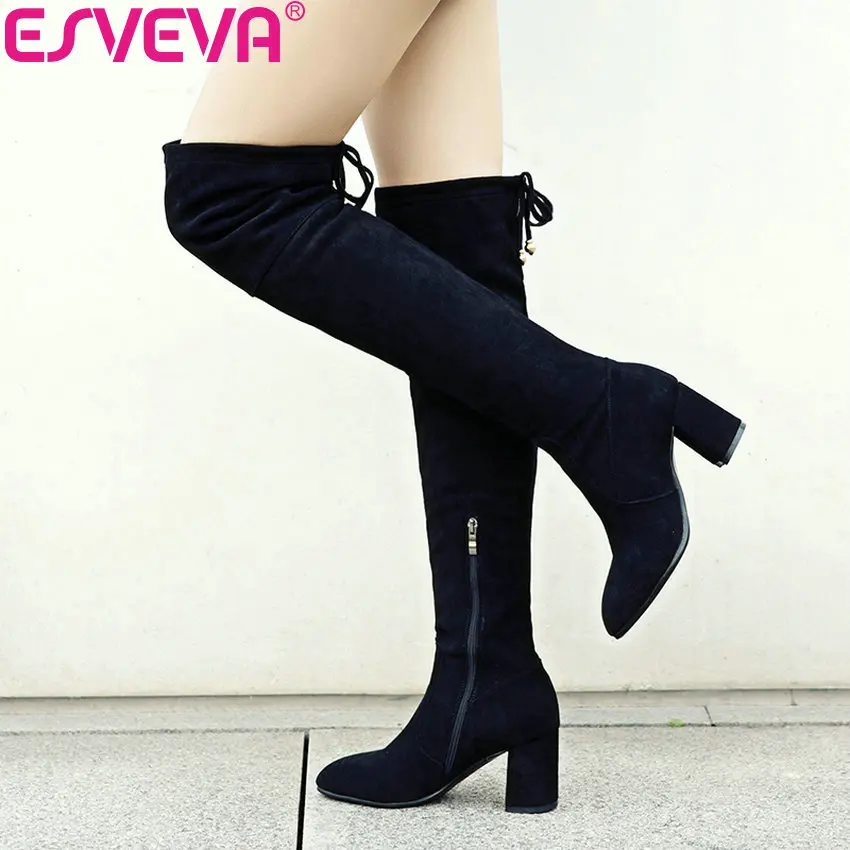 

ESVEVA 2019 Women Shoes Zip Slim Look Shoes Solid Round Toe Over The Knee Boots Square High Heels Sewing Boots Woman Size 34-43