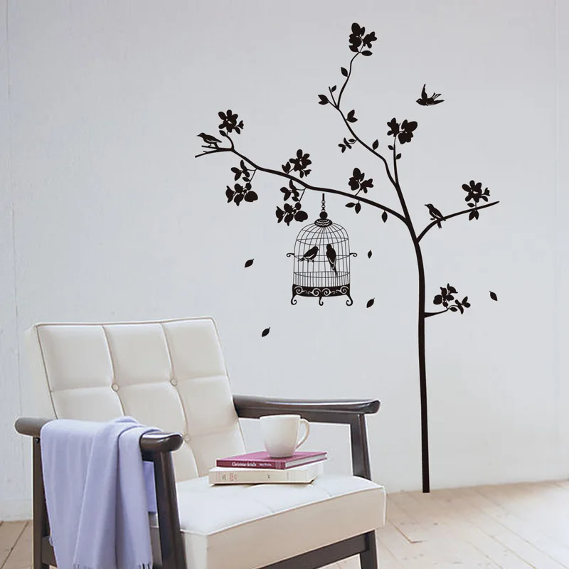 Black color Birdcage Tree branches wall Stickers Vinyl DIY Creative
