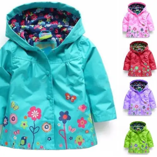 

Kids Children Girl Trech Fashion Flowers Hooded Waterproof Windproof Raincoat Jacket Outwear Baby Girl Clothing
