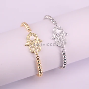

Wholesale 10Pcs Fashion Micro Pave CZ Shell Hamsa Hand Connector With 4mm Round Beads Chain Adjustable Bracelets