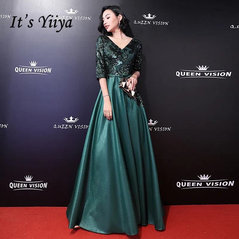

It's YiiYa Evening Dresses Sexy V-neck Sequined A-line Long Wedding Formal Dress Simple Half Sleeve Zipper Back Party Gowns E404