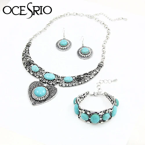 

OCESRIO Blue Stone Jewelry Sets Silver Heart Big Choker Necklace Set Stone Drop Earrings for Women Bohemian Jewelry Set nke-k20