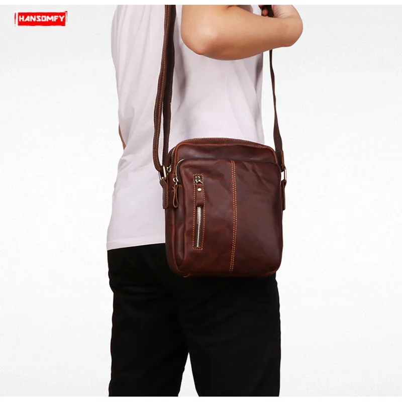 

2019 New Genuine leather men's hadnbag small squre shoulder bag ipad Crossbody bag men vintage Cowhide leather messenger bags