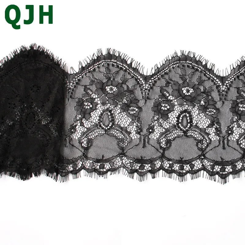 

QJH brand 3Meters/lot 15cm width Black Eyelashes lace trim flower Unilateral wavelace fabric handmade diy clothes accessories