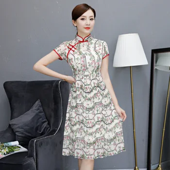

2020 New Girl Summer Chiffon Dress Vintage Mandarin Collar Chinese Cheongsam Print Flower Elegant Slim Qipao M L XL XXL 3XL