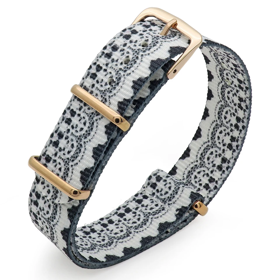 

nylon fabric woven watchband clock 18mm rose gold black-white mixed color watch nato strap diy fashionable pvd rose gold buckle