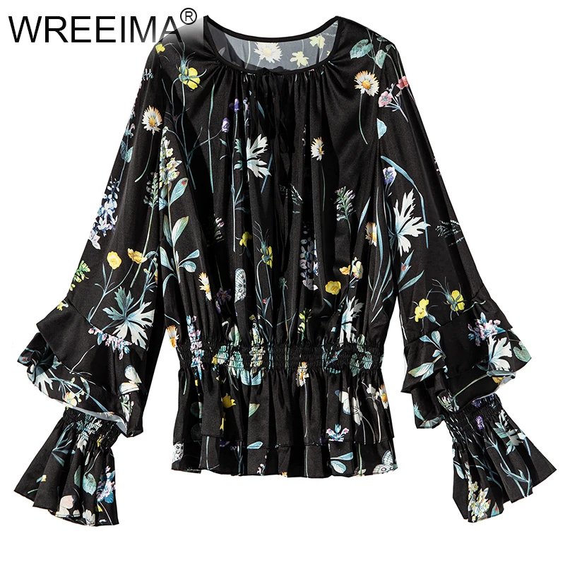 Rond Floral Conçu Noir Femme Imprimée Femmes Hauts Nouvelle Taille Elastique Blouse Manches C243 Col Évasée Chemise qPnIp7