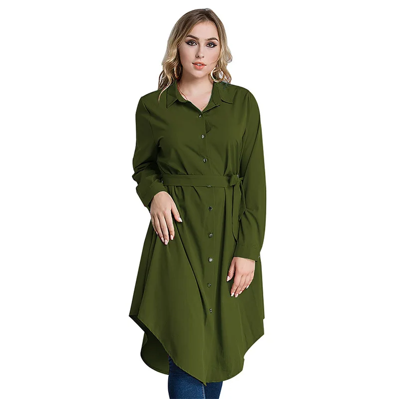 

Ladies Long Sleeve Blouse Shirt Dress With Belt Women Oversized Midi Muslim Dress Retro Tunic Casual Vestidos Plus Size 6XL