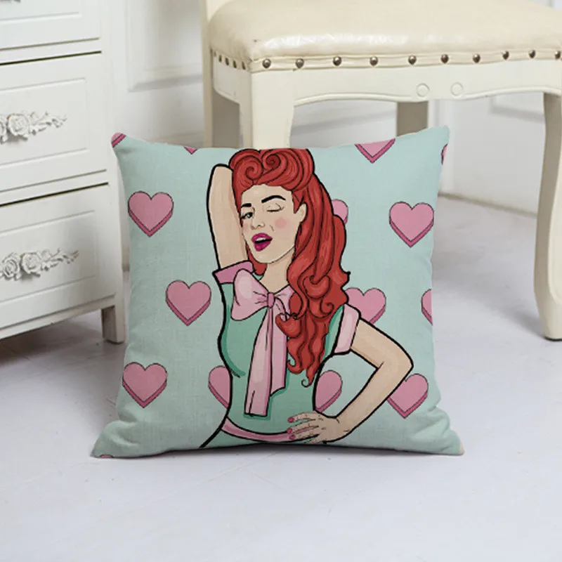 Zara*Women Linen Printed Fashion Curly Hair Girl Cushion Cover 45x45cm Shopping Throw Pillow Covers Gifts For Girlfriend Bedroom