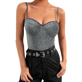 

Summer Fashion Ladies Silver sequin sequin halter top solid color sleeveless top jumpsuit jumpsuit Beach Short Pants L325