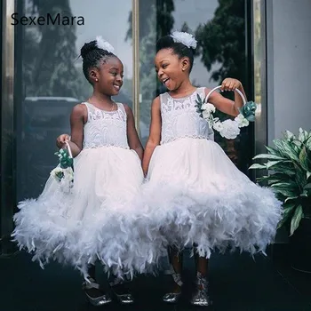

Adorable Little Princess Flower Girls Dresses Feather Lace Top Girls Pageant Dress Birthday Gowns Kids Wear Communion Gown