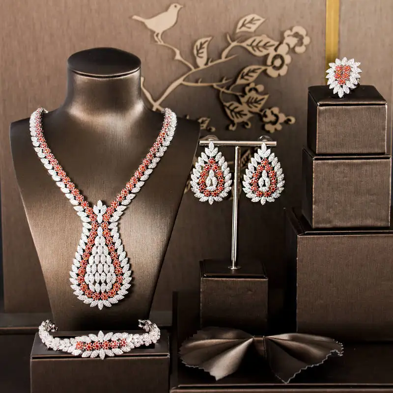 

African jewelry sets beads drop long earrings chain bracelet/bangle Women's Wedding Jewelry Set Gold Color Zircon necklace