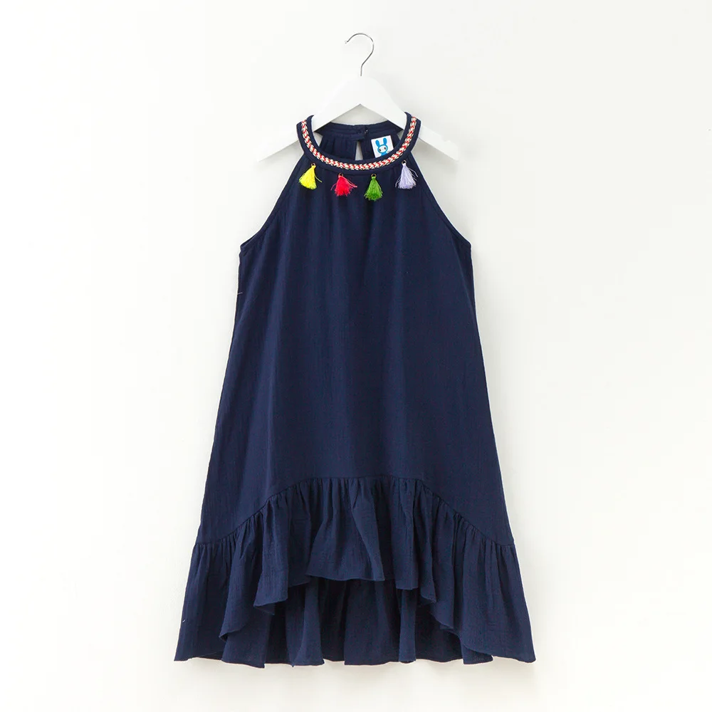 Льняное пляжное летнее платье для девочек г., платья для больших девочек детское платье принцессы для детей размер 3456, 7, 8, 9, 10, 12, 13, 14 лет - Цвет: Navy Blue