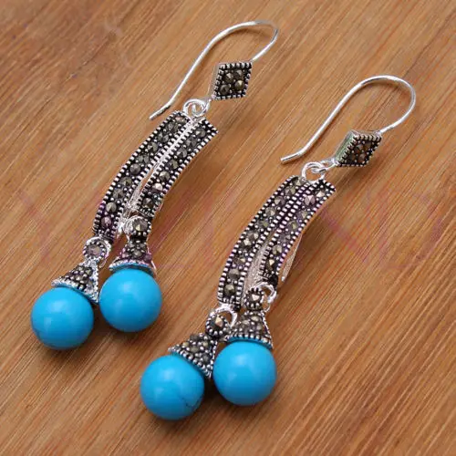 

hot sell new - Round Balls Blue Turquoise 925 Sterling Silver Hooks Dangle Earrings