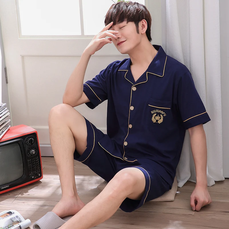 High Quality Men's Pajamas Summer Short Sleeve health 100 Cotton Plaid