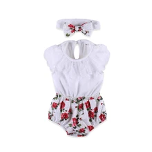 2018 Newborn Baby Jumpsuit Floral Print Shorts Sleeveless Top Girls Bodysuit with Hairband Baby Set Clothes girls calico print blouse with frill trim shorts