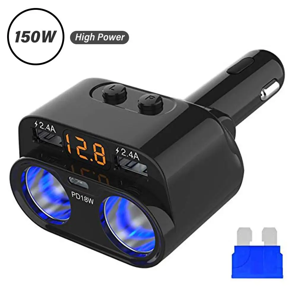

5 in 1 Super Car Charger High Power One Into Two Cigarette Lighter Car Charger Dual USB 4.8A with Type-C For Smart Phone/Tablet