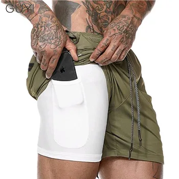 

GUYI 8 Colors Double Layers Sport Shorts Men Drawstring Straight Quick Dry Bottoms Sport Running Gymwear Fitness Shorts