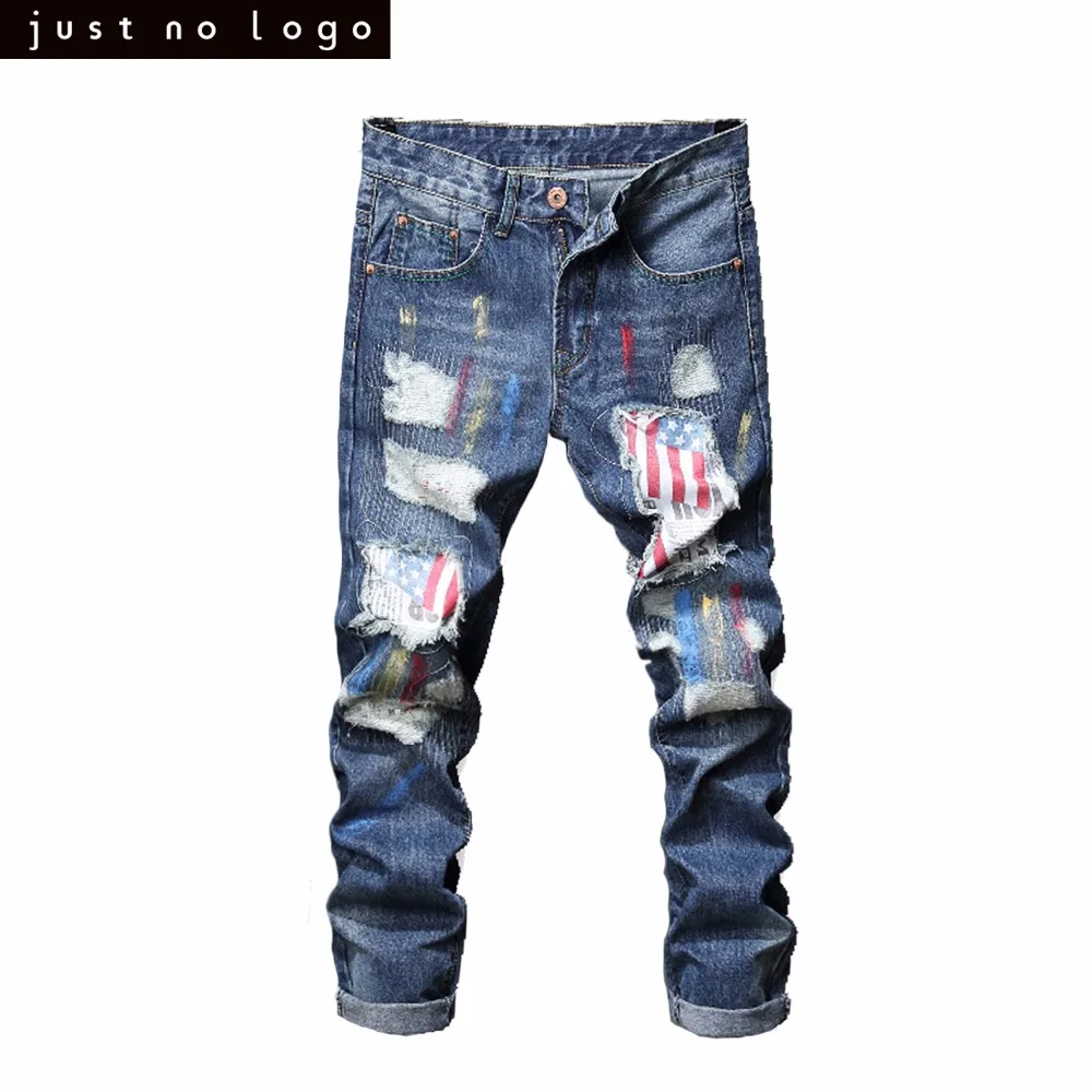 Mens Light Blue Jeans Painter With American Flag Pattern Patched Skinny