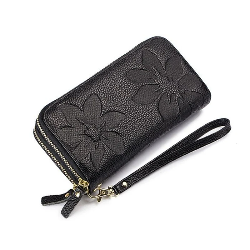 

2019 New Genuine Leather Floral Embossed Long Wallets For Women Double Zippers Clutch Purse Female Wristlet Card Holder Wallet