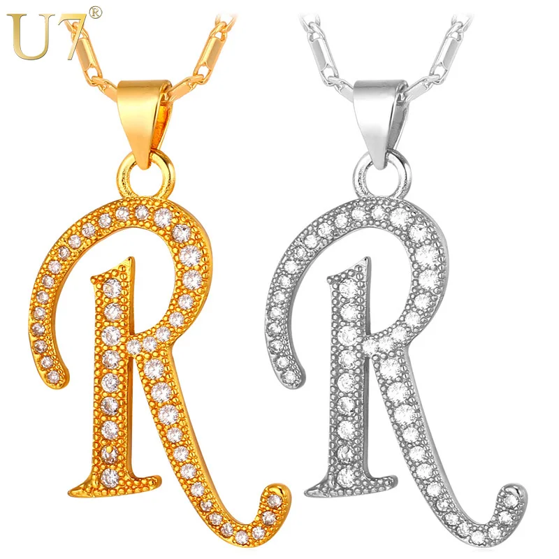 

U7 Capital Initial R Letter Necklace & Pendant Gold Color Cubic Zirconia Crystal Alphabet Jewelry For Women Fashion P711