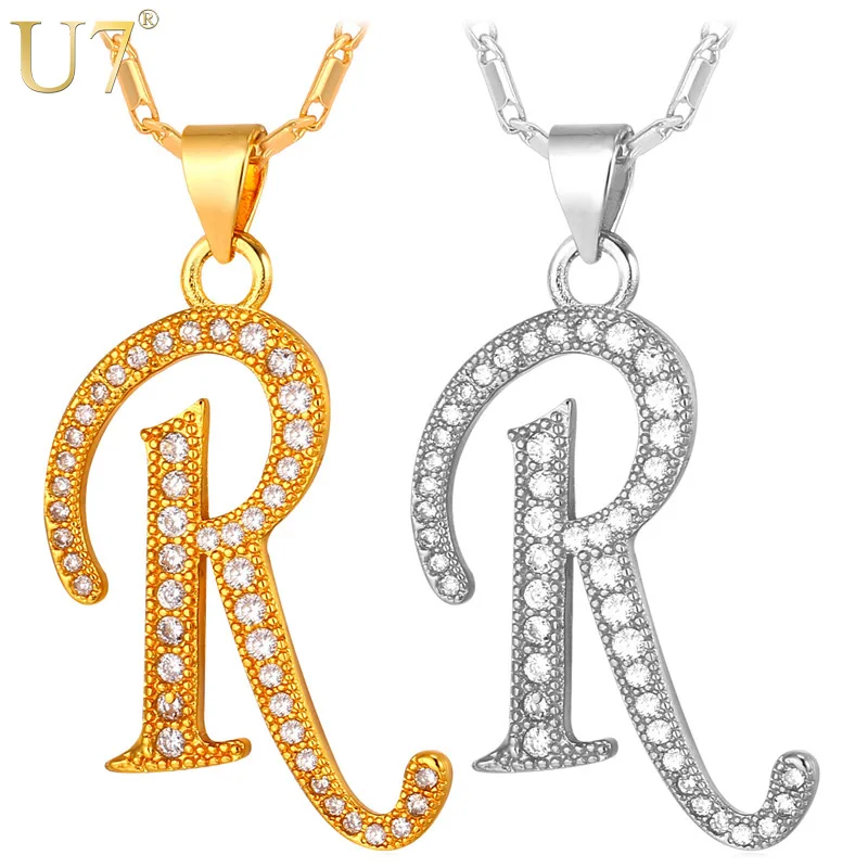 U7 Capital Initial R Letter Necklace  Pendant Gold Color Cubic Zirconia  Crystal Alphabet Jewelry For Women Fashion P711 - Necklace - AliExpress
