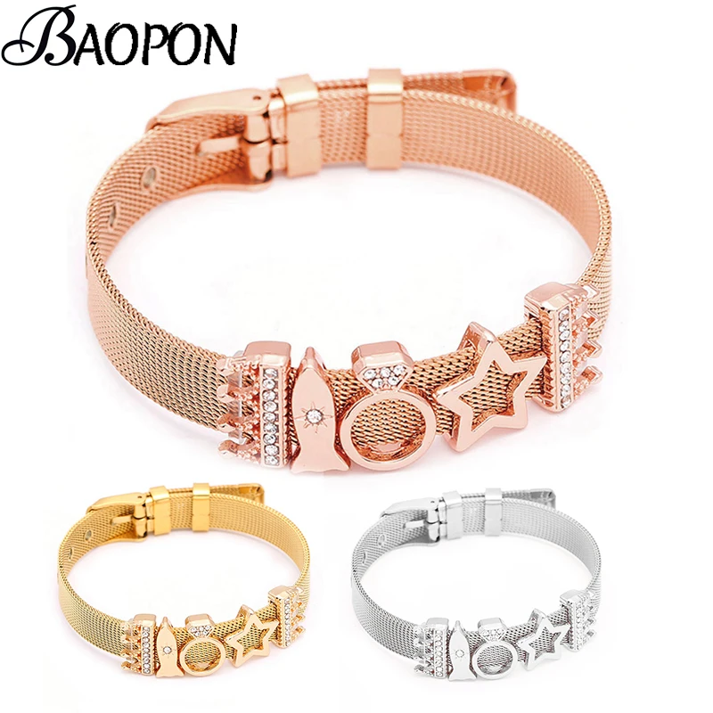 BAOPON розовое золото браслет из нержавеющей стали очаровательный Корона и звезда