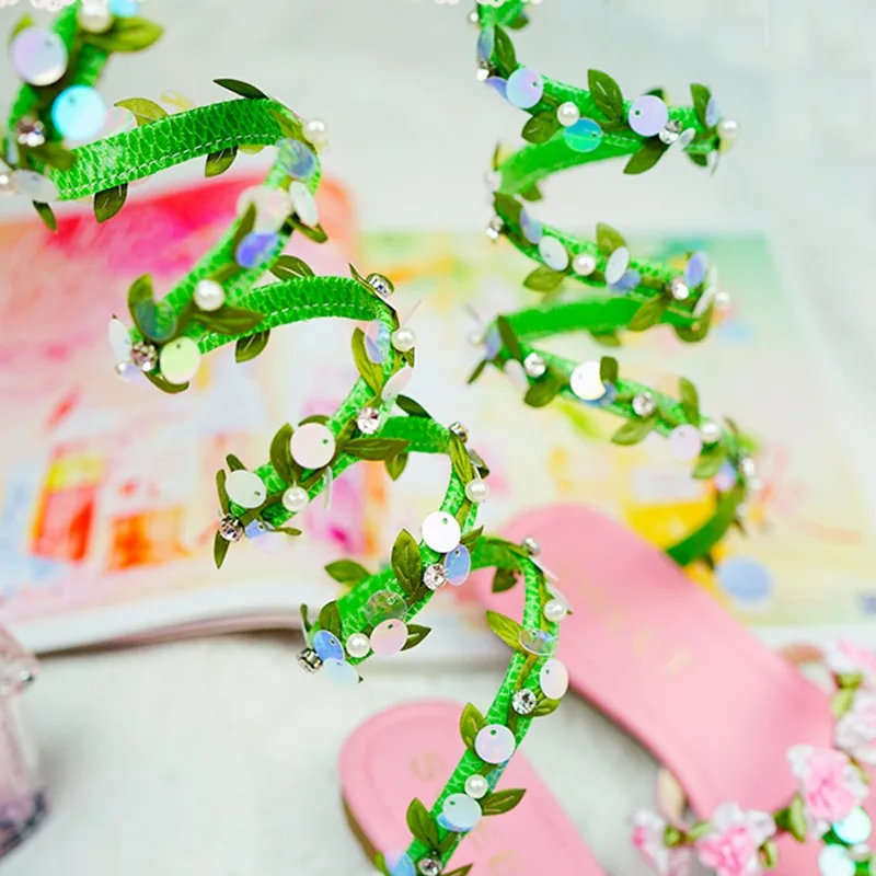 Г., летние свадебные босоножки стильные женские босоножки с зеленым листом и блестками пляжная обувь на плоской подошве обувь для танцев, выступлений, вечеринок