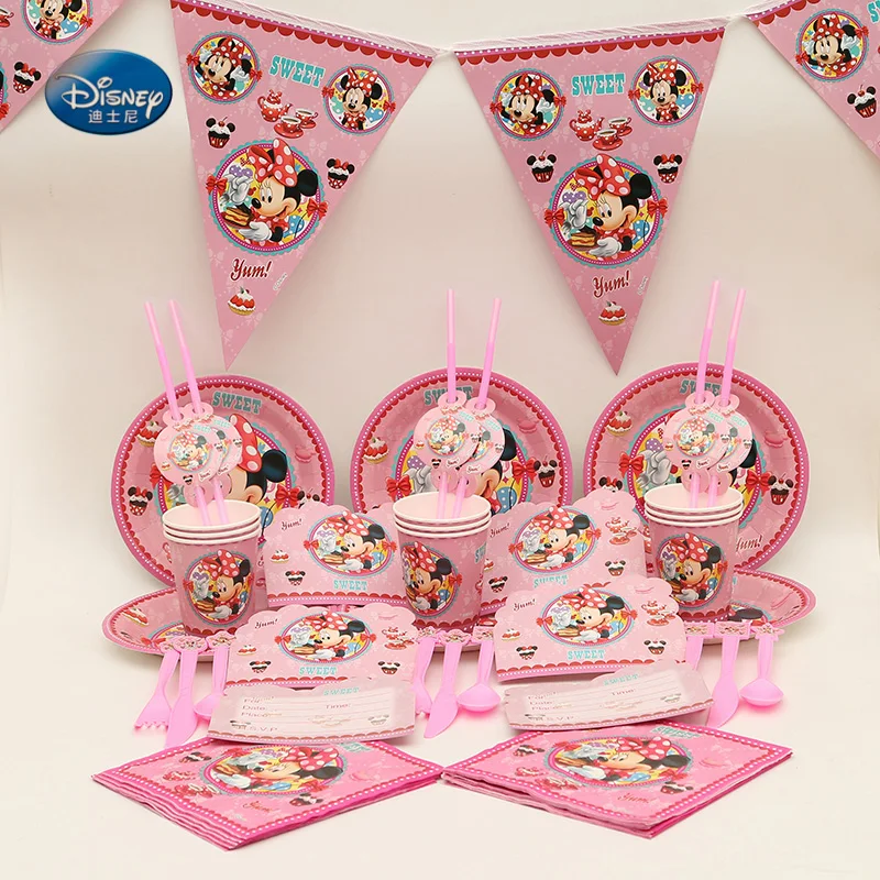 

Suitable for 12 people Disney Minnie Mouse Theme Tableware Set total 140 pcs Children Birthday Party Supplies Decorations